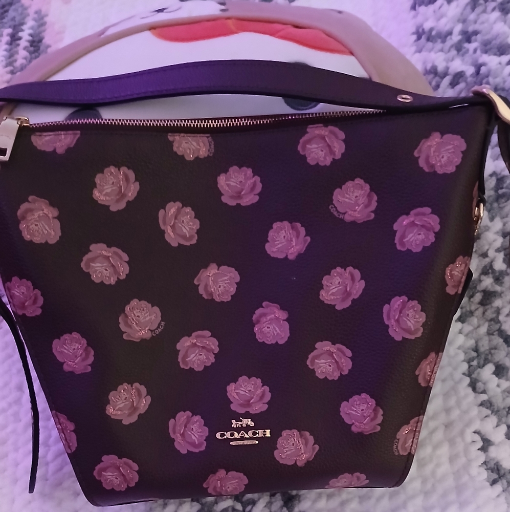 Authentic Coach Hobo Sparkle Floral Print Pebble Leather Crossbody Bag